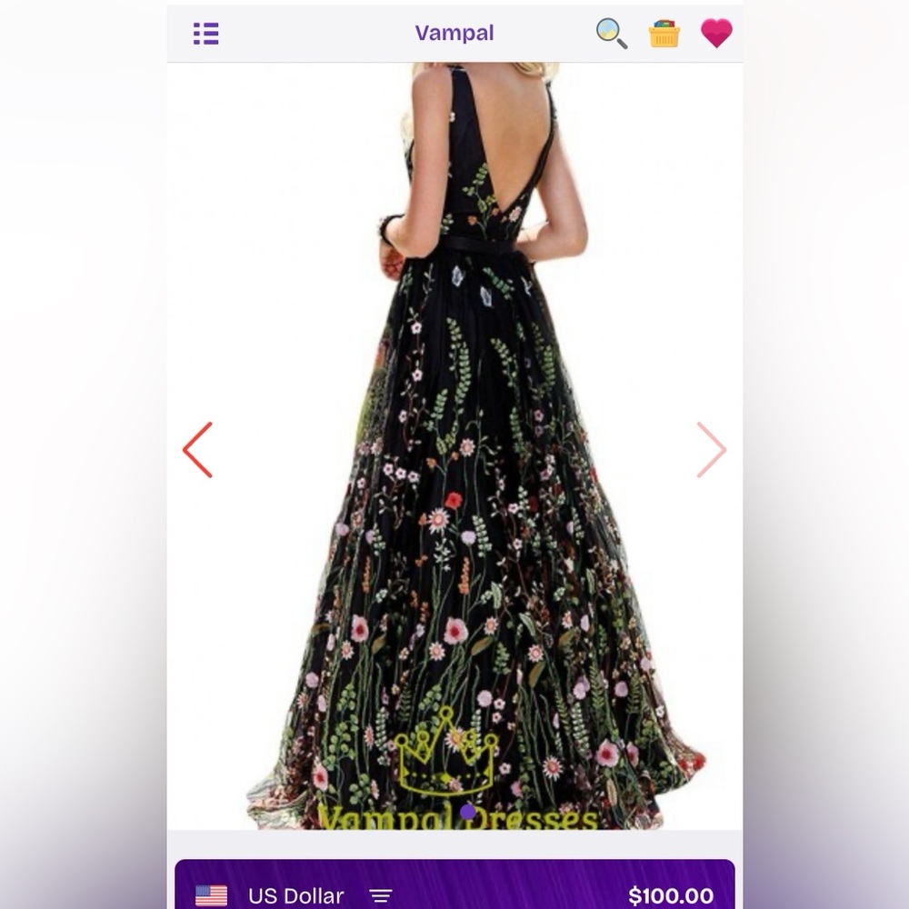 NWOT Floral Embroidered Chiffon Navy Long Dress Deep V-Neck